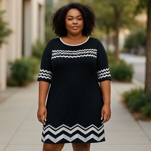 Vtg Sangria Knit Dress Women’s Large  Black White Chevron Fit &Flare Knee Length